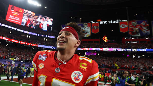 Kansas City Chiefs quarterback Patrick Mahomes celebrates after winning Super Bowl LVIII.